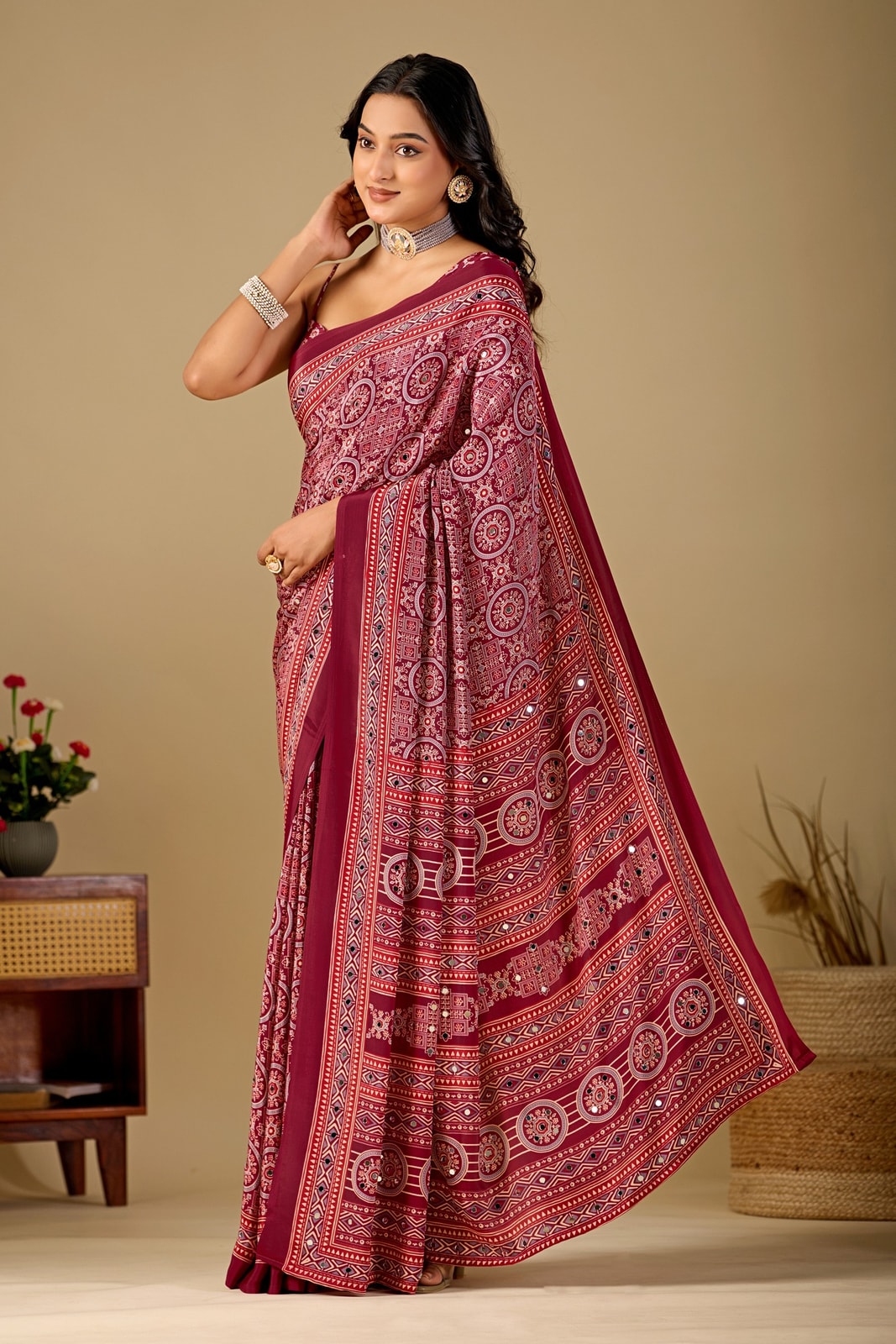 Peachmode Wine Ajrakh Digital Printed Crepe Saree With Mirror Work - Image 2