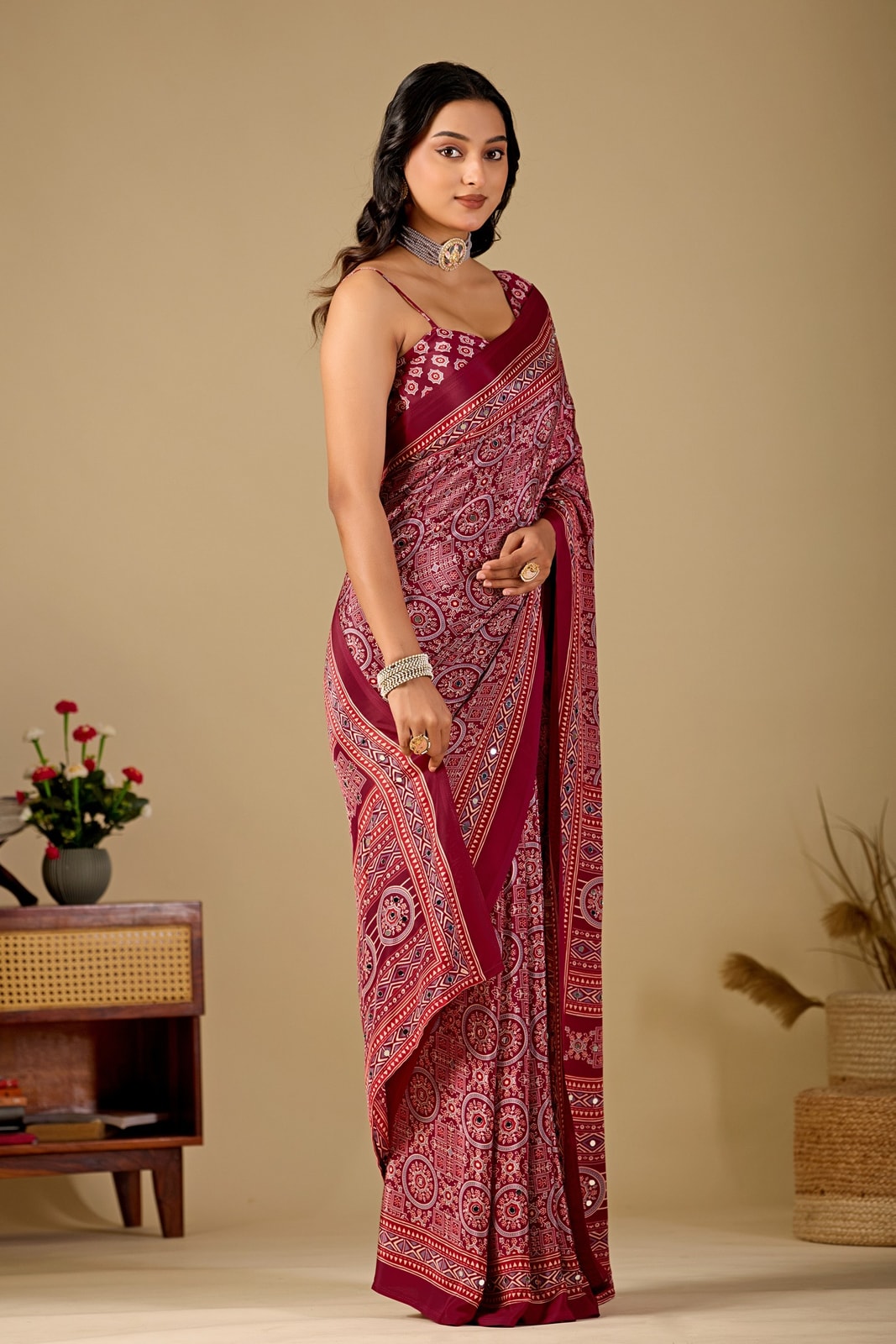 Peachmode Wine Ajrakh Digital Printed Crepe Saree With Mirror Work - Image 4