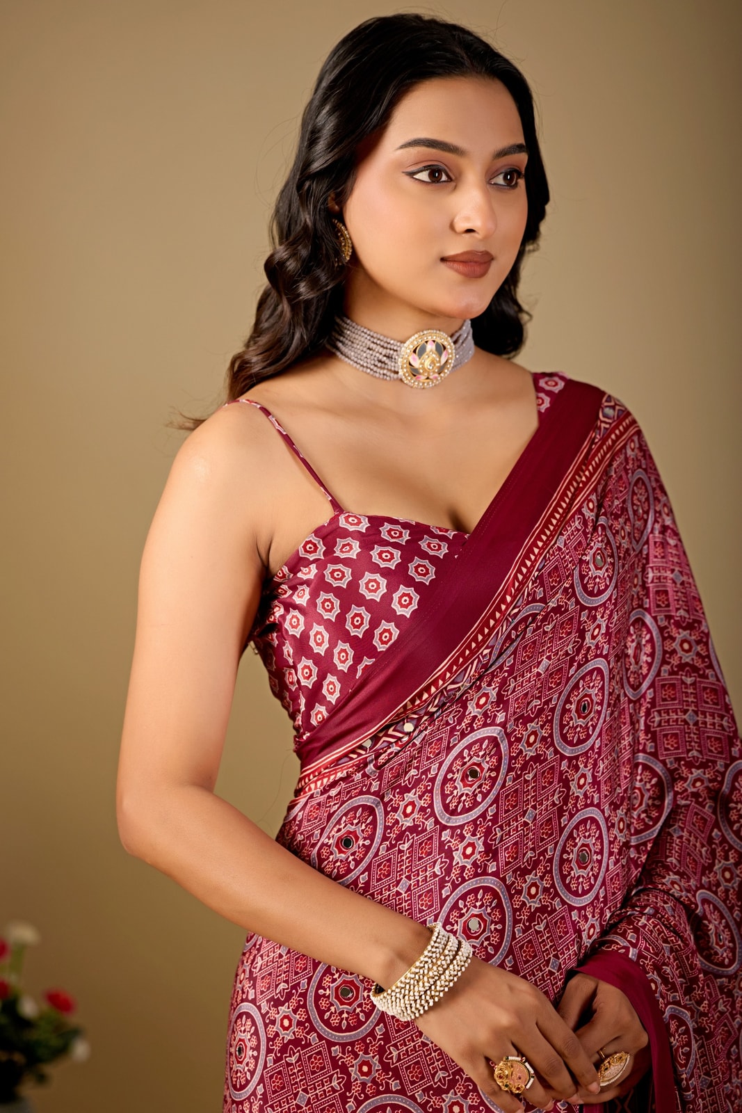Peachmode Wine Ajrakh Digital Printed Crepe Saree With Mirror Work - Image 5