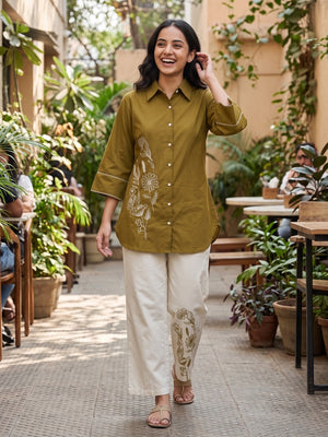 Peachmode Olive Pure Cotton Floral Embroidered Shirt Co-ord Set - Image 2