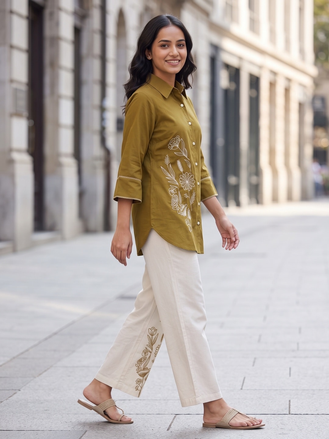 Peachmode Olive Pure Cotton Floral Embroidered Shirt Co-ord Set - Image 3