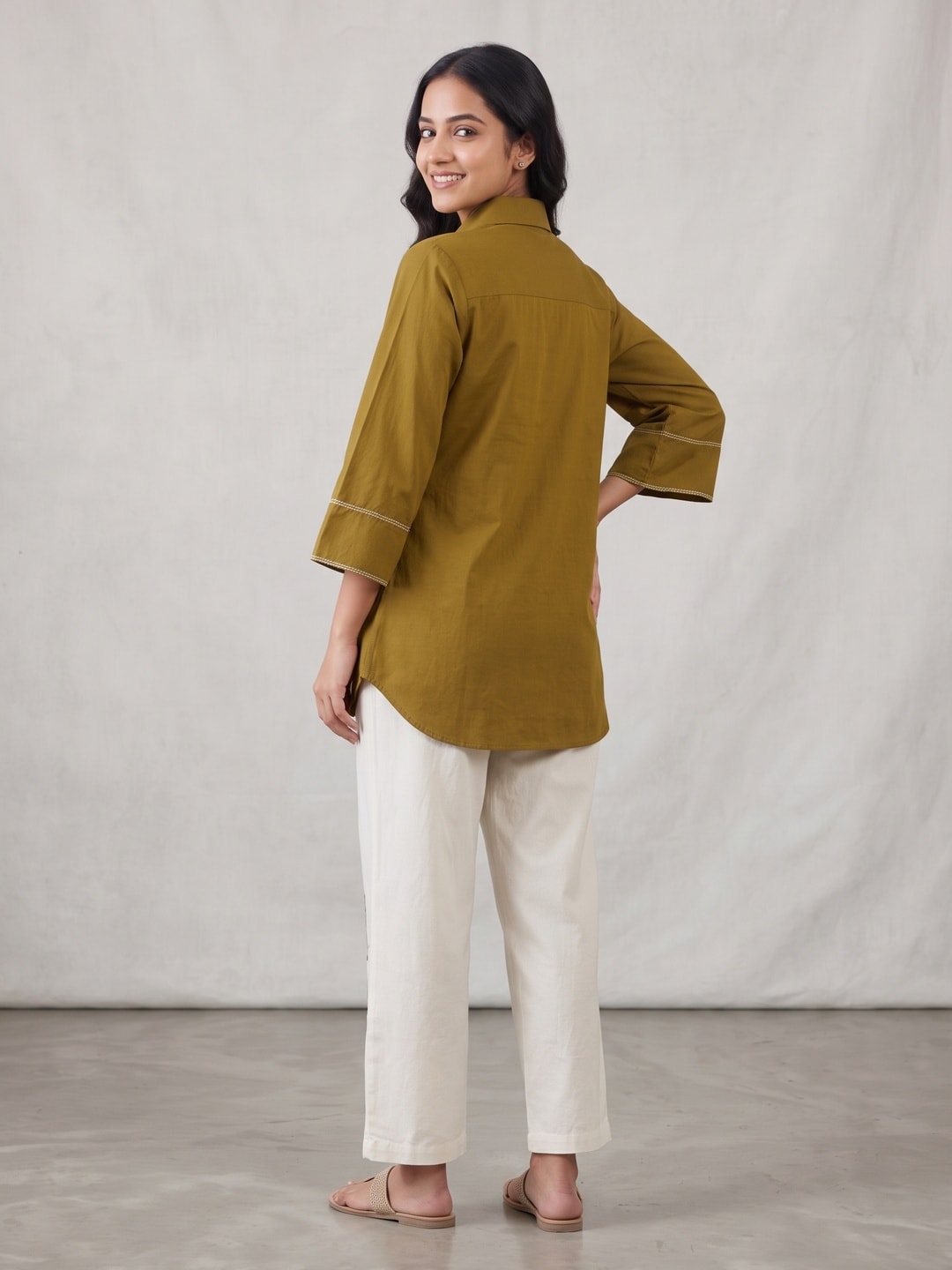 Peachmode Olive Pure Cotton Floral Embroidered Shirt Co-ord Set - Image 4