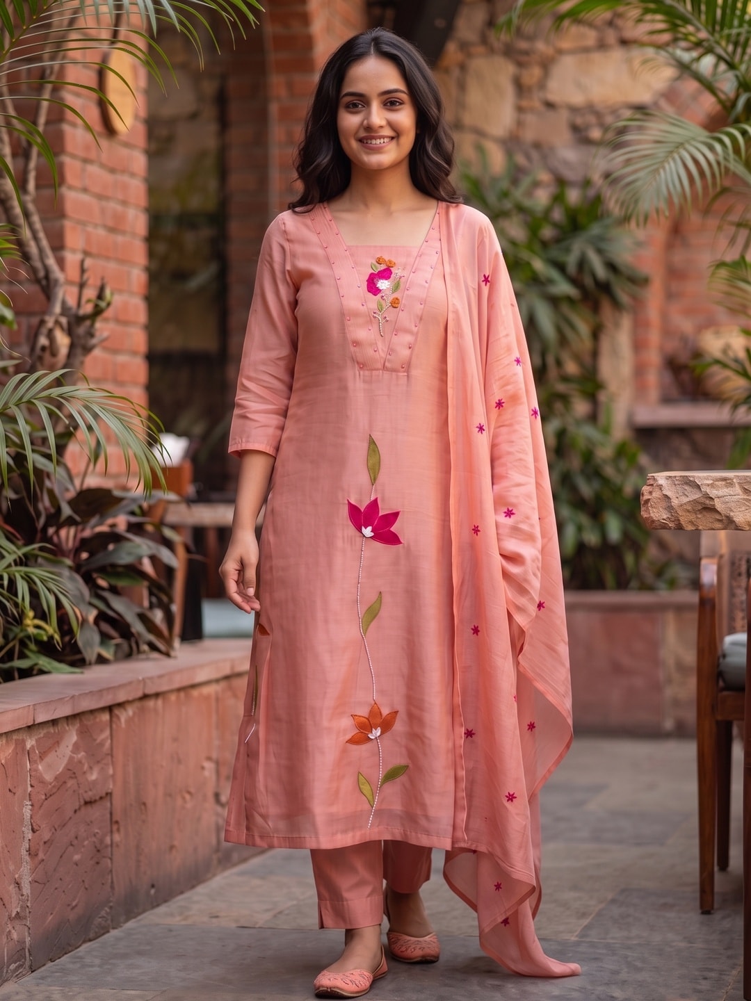 Peachmode Peach Mul Chanderi Applique Embroidered Salwar Suit