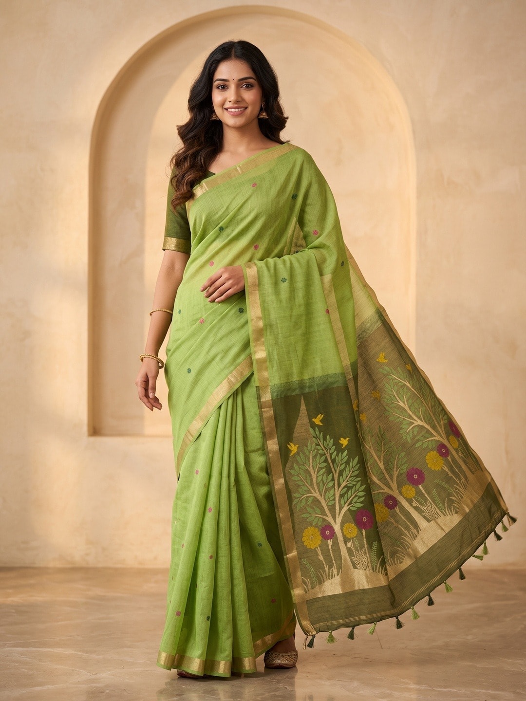 Peachmode Green Jamdani Weave Handloom Cotton Saree With Tree Of Life Pallu - Image 1