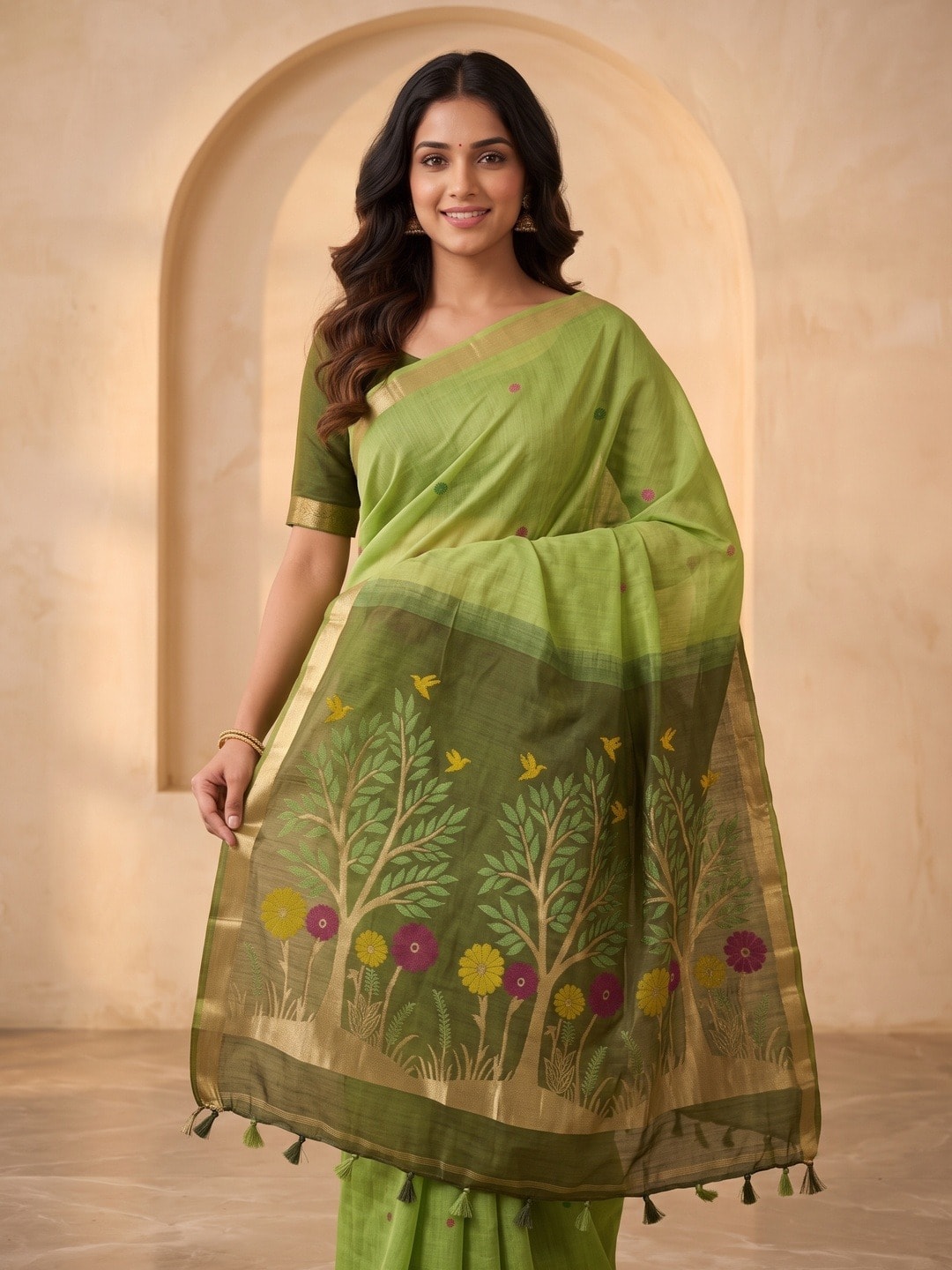 Peachmode Green Jamdani Weave Handloom Cotton Saree With Tree Of Life Pallu - Image 3