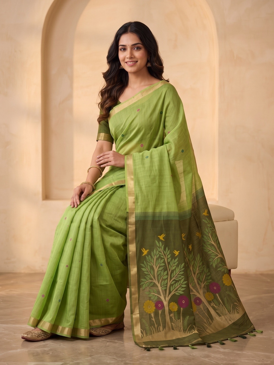 Peachmode Green Jamdani Weave Handloom Cotton Saree With Tree Of Life Pallu - Image 5