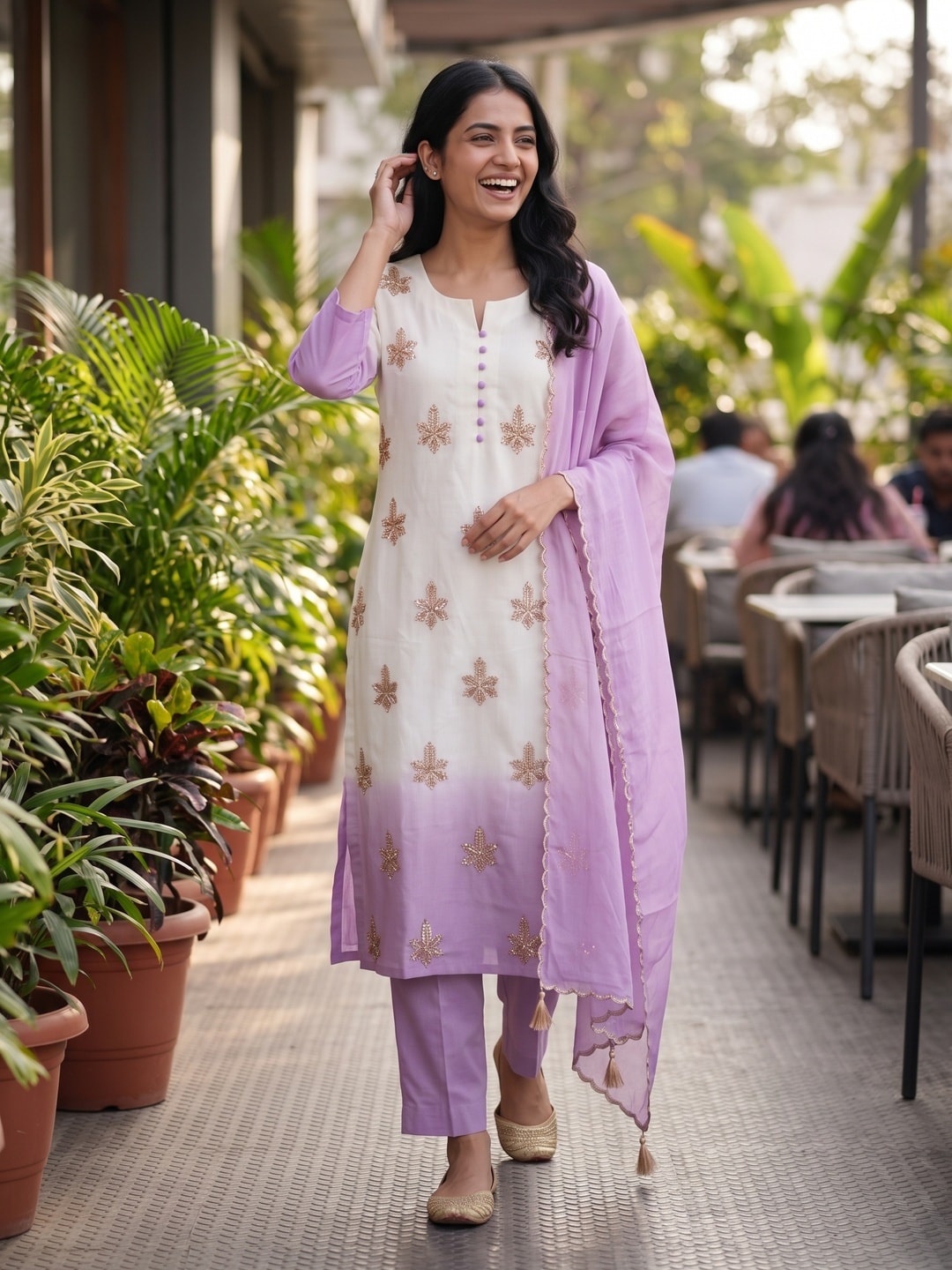 Peachmode Lavender Mul Chanderi Beads Work Embroidered Salwar Suit - Image 2