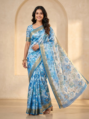 Peachmode Blue Dola Silk Digital Printed Saree With Zari Weave Border - Image 1