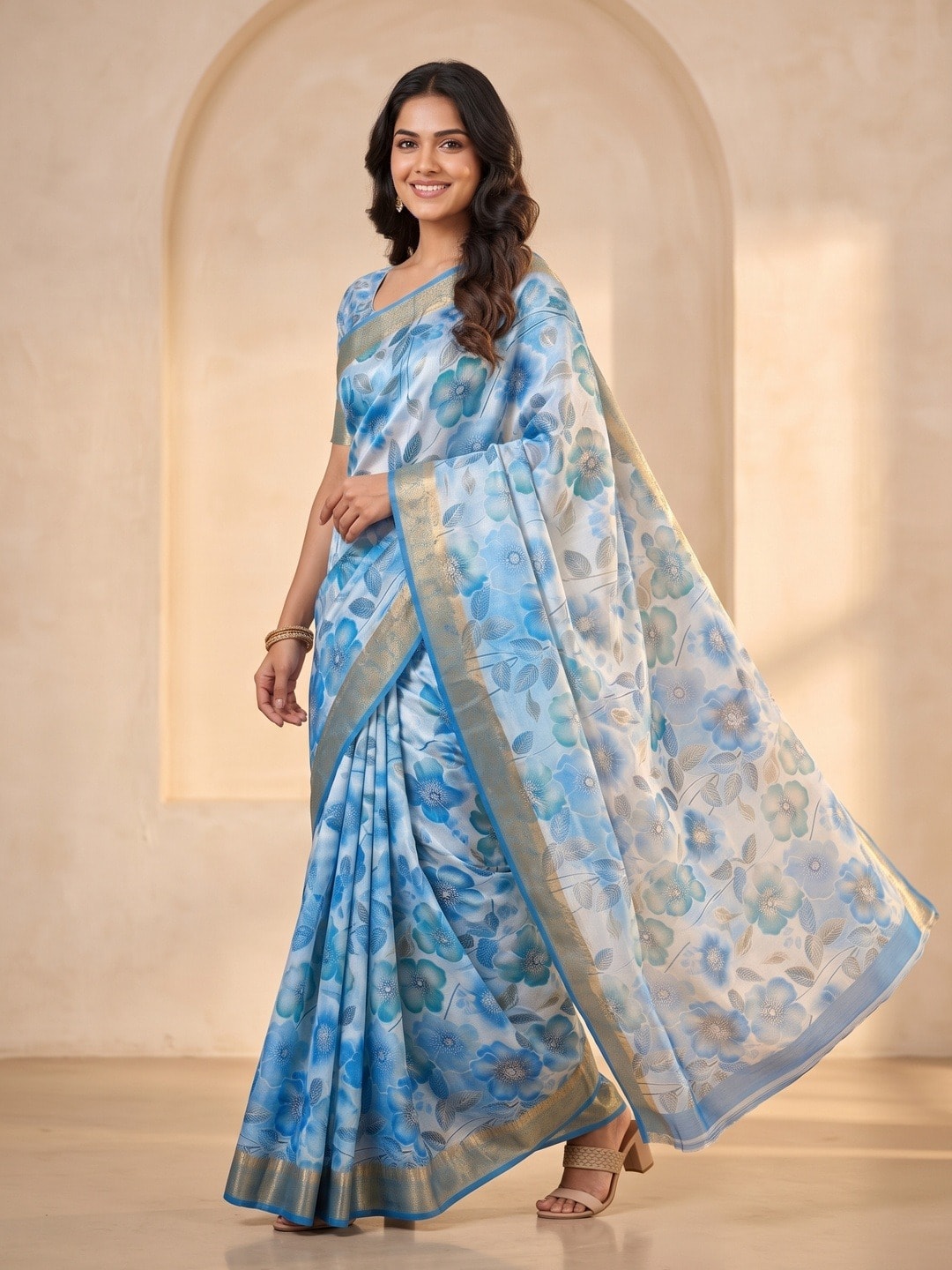 Peachmode Blue Dola Silk Digital Printed Saree With Zari Weave Border - Image 2