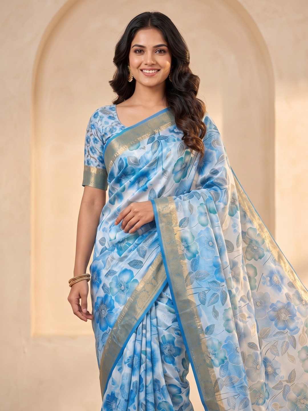 Peachmode Blue Dola Silk Digital Printed Saree With Zari Weave Border - Image 3