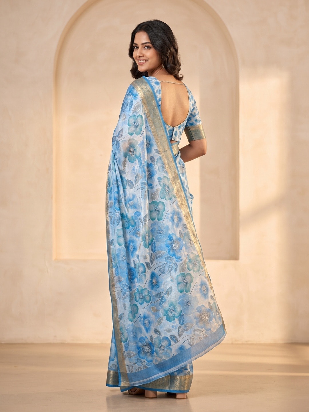 Peachmode Blue Dola Silk Digital Printed Saree With Zari Weave Border - Image 4