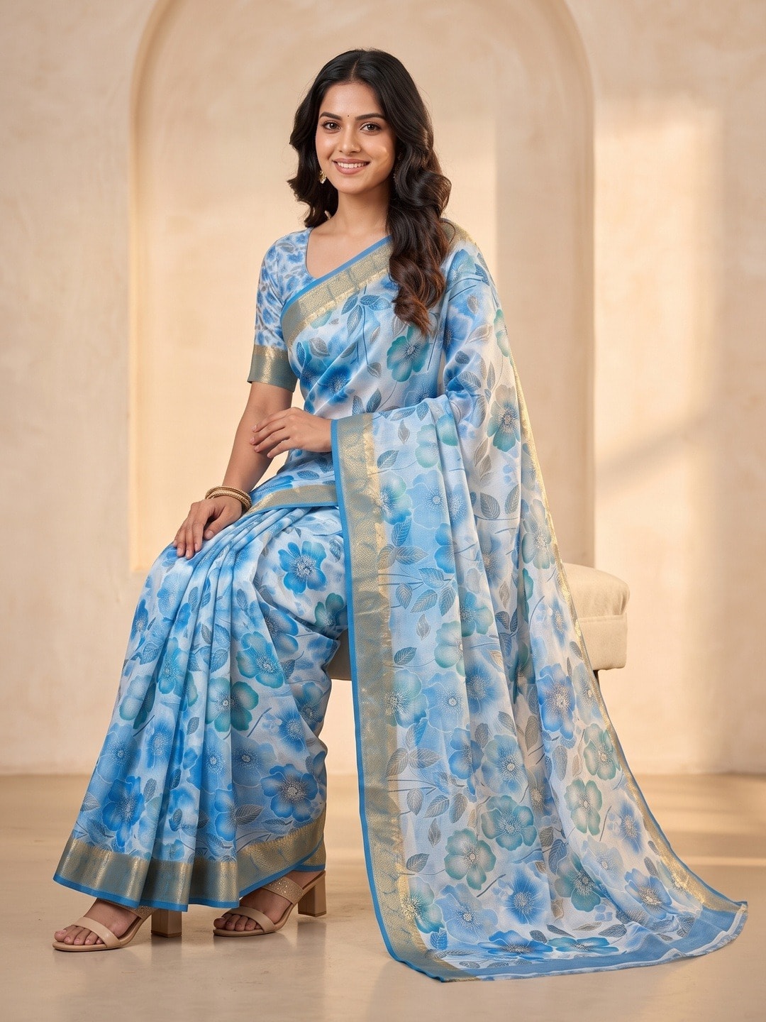 Peachmode Blue Dola Silk Digital Printed Saree With Zari Weave Border - Image 5