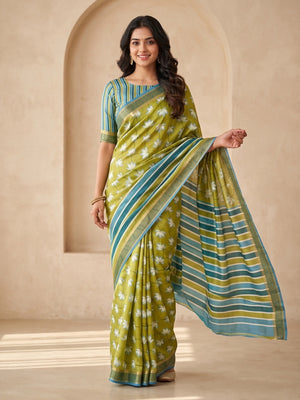 Peachmode Lime Green Dola Silk Digital Printed Saree With Zari Weave Border - Image 1