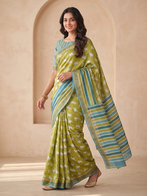 Peachmode Lime Green Dola Silk Digital Printed Saree With Zari Weave Border - Image 2