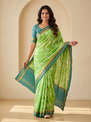 Peachmode Green Dola Silk Digital Printed Saree With Zari Weave Border - Image 1