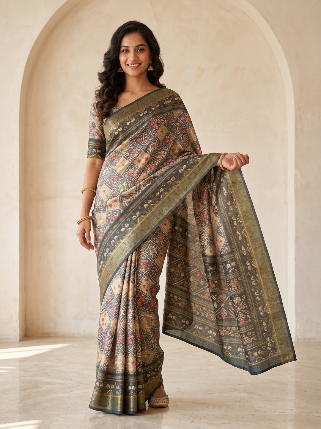 Peachmode Beige Dola Silk Digital Printed Saree With Zari Weave Border - Image 1
