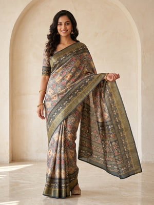 Peachmode Beige Dola Silk Digital Printed Saree With Zari Weave Border - Image 1
