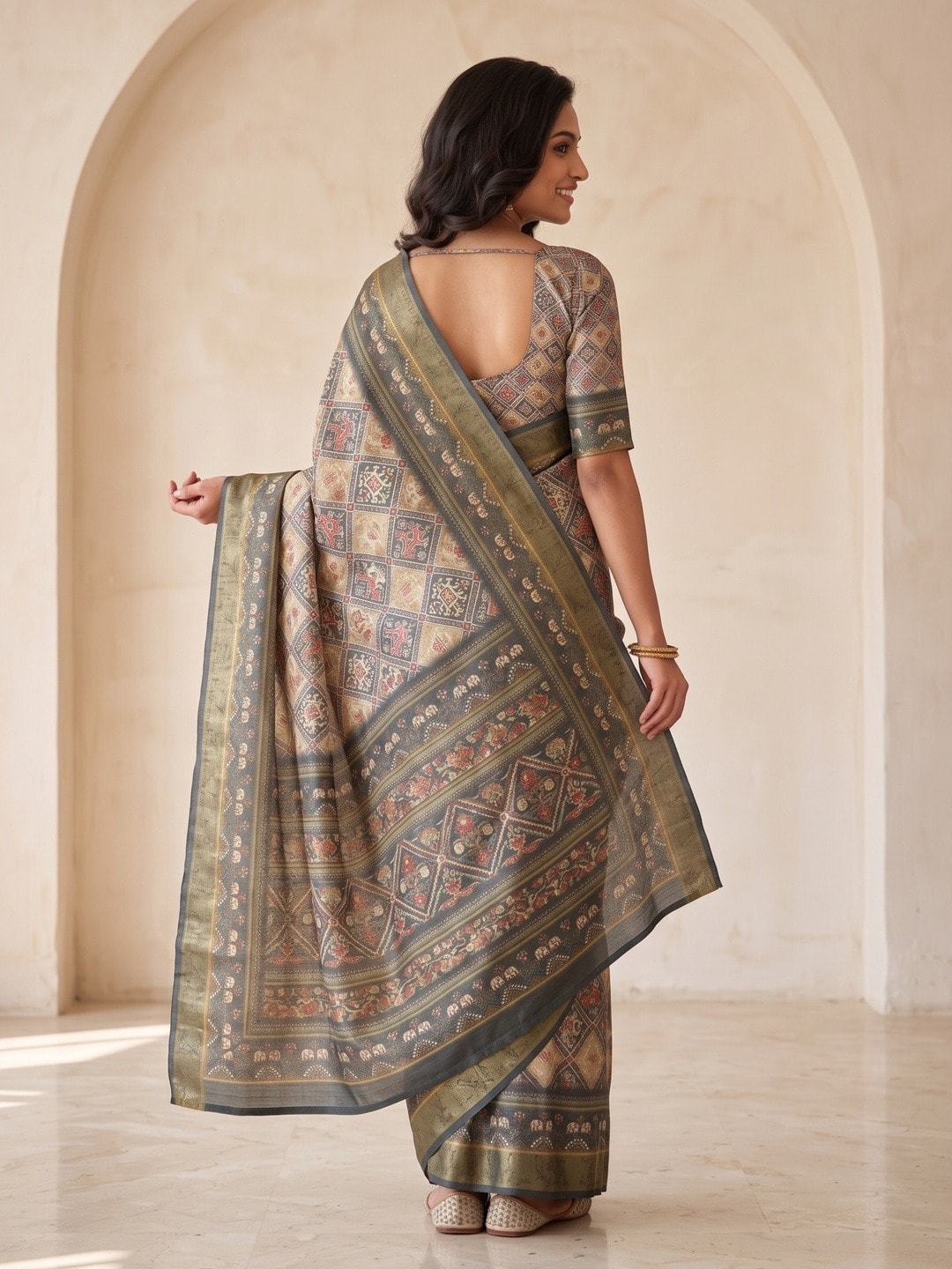 Peachmode Beige Dola Silk Digital Printed Saree With Zari Weave Border - Image 4