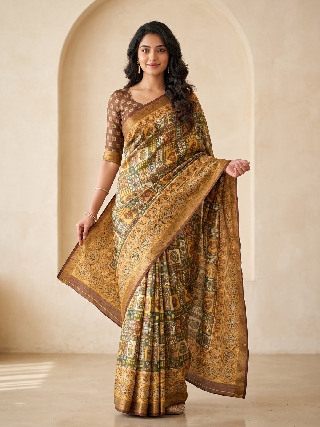 Peachmode Mustard Dola Silk Digital Printed Saree With Zari Weave Border - Image 1
