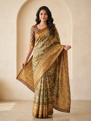 Peachmode Mustard Dola Silk Digital Printed Saree With Zari Weave Border - Image 1