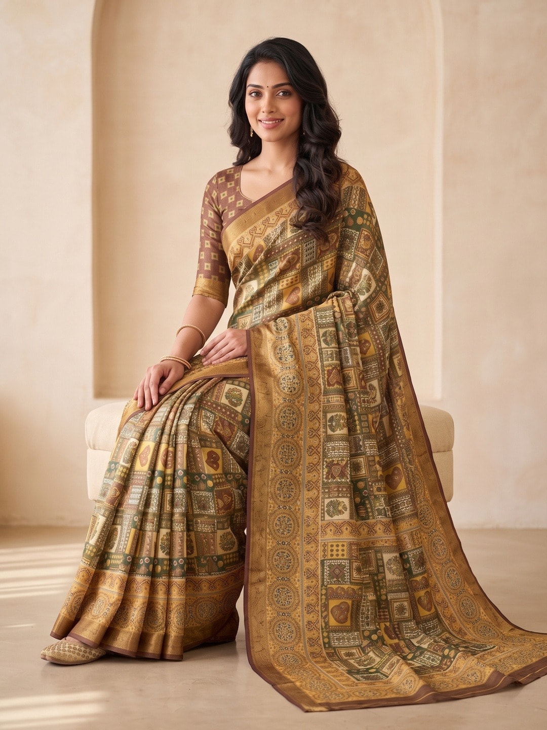 Peachmode Mustard Dola Silk Digital Printed Saree With Zari Weave Border - Image 5