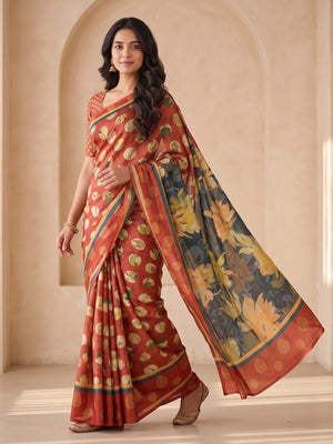 Peachmode Red Dola Silk Digital Printed Saree With Zari Weave Border - Image 2