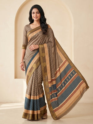 Peachmode Brown Dola Silk Digital Printed Saree With Zari Weave Border - Image 1