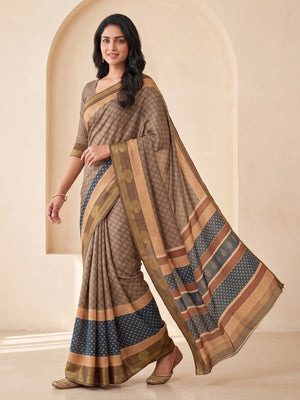 Peachmode Brown Dola Silk Digital Printed Saree With Zari Weave Border - Image 2