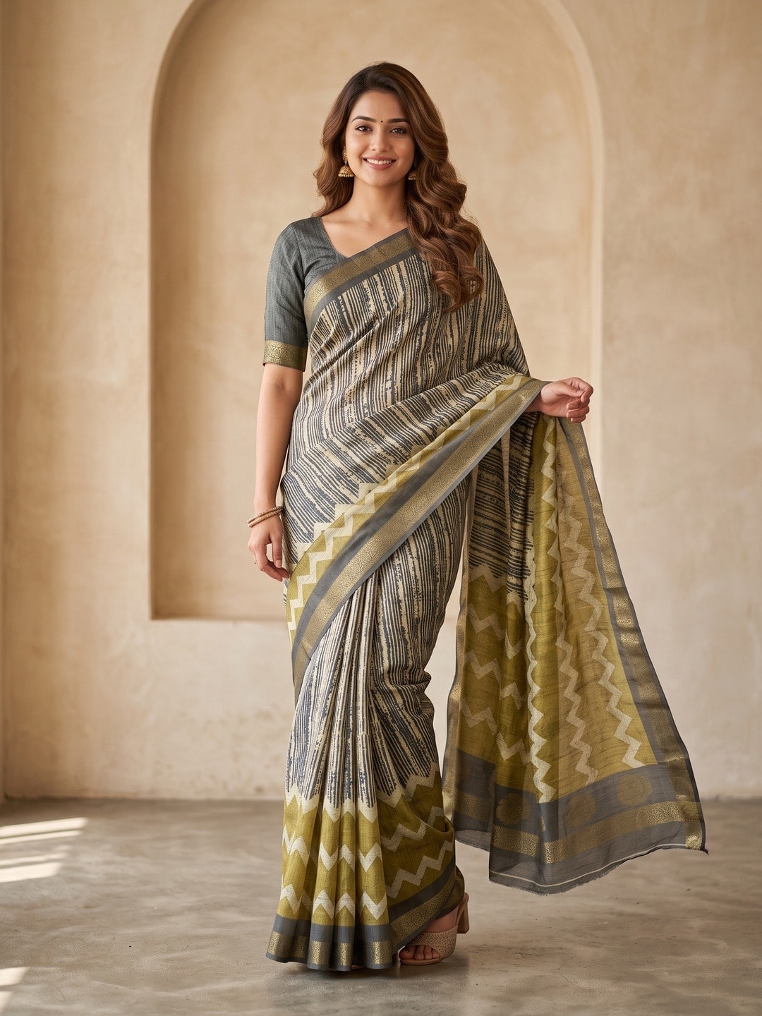Peachmode Grey Dola Silk Digital Printed Saree With Zari Weave Border - Image 1