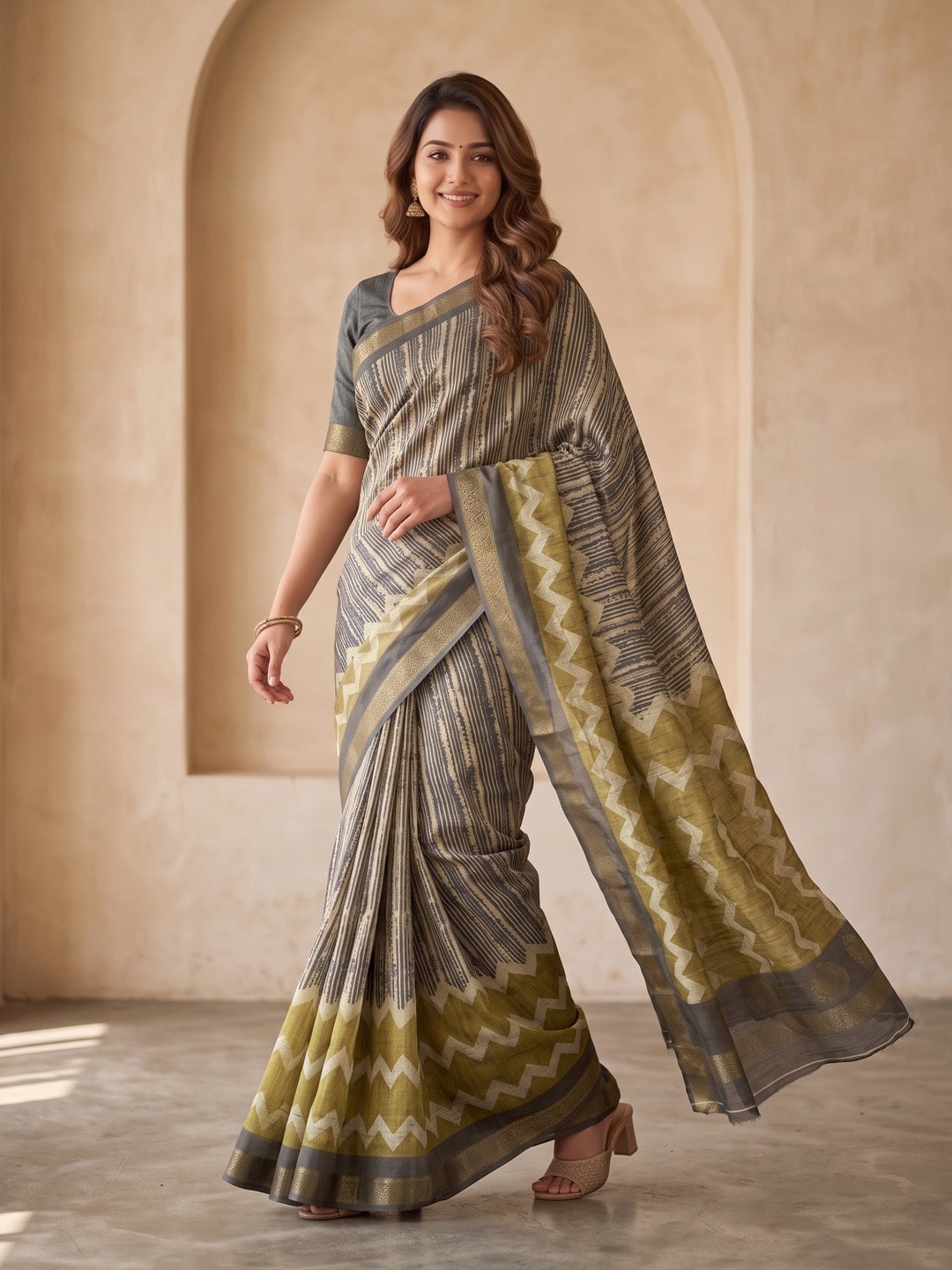 Peachmode Grey Dola Silk Digital Printed Saree With Zari Weave Border - Image 2