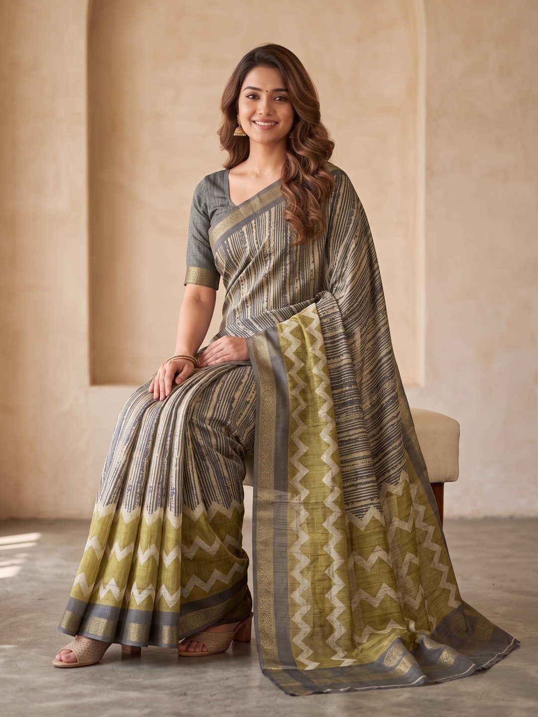 Peachmode Grey Dola Silk Digital Printed Saree With Zari Weave Border - Image 5