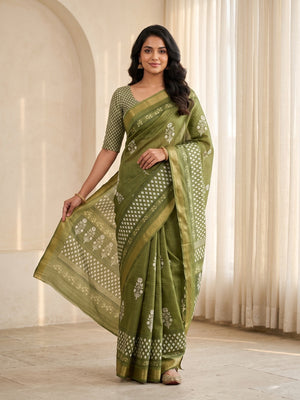 Peachmode Olive Green Moss Silk Digital Printed Saree With Zari Weave Border - Image 1