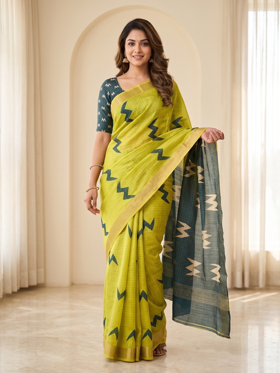 Peachmode Yellow Moss Silk Digital Printed Saree With Zari Weave Border - Image 1