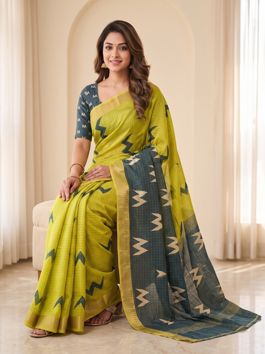 Peachmode Yellow Moss Silk Digital Printed Saree With Zari Weave Border - Image 5