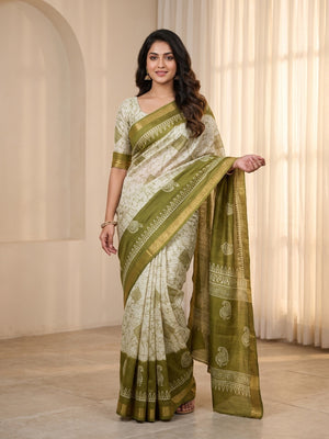 Peachmode Green Moss Silk Digital Printed Saree With Zari Weave Border - Image 1