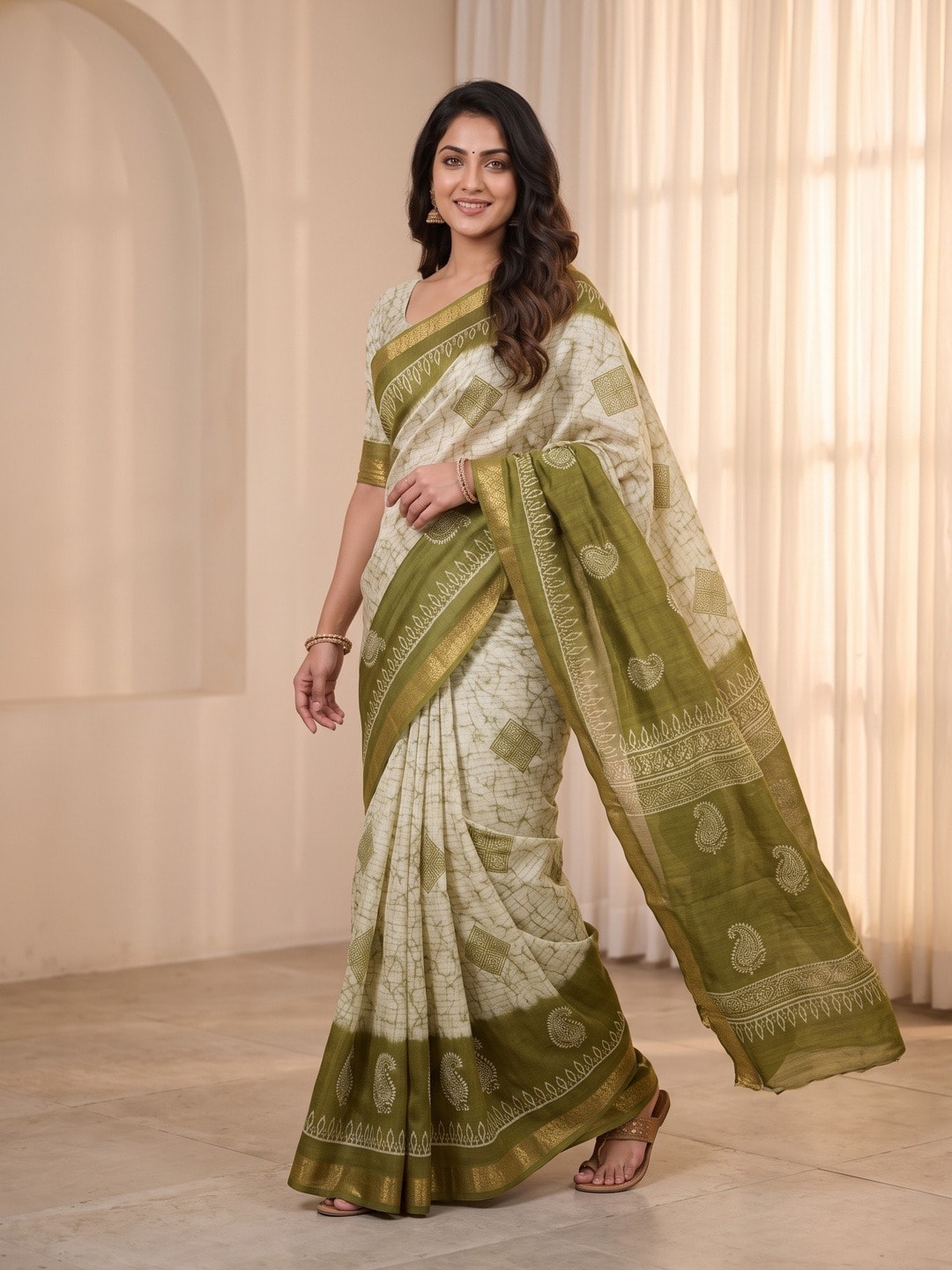 Peachmode Green Moss Silk Digital Printed Saree With Zari Weave Border - Image 2