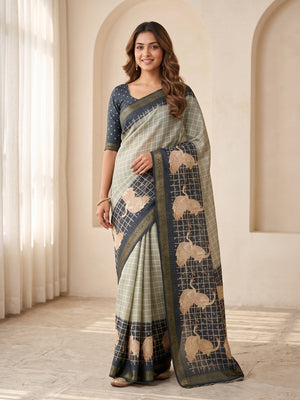 Peachmode Navy Blue Moss Silk Digital Printed Saree With Zari Weave Border - Image 1