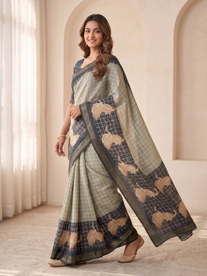 Peachmode Navy Blue Moss Silk Digital Printed Saree With Zari Weave Border - Image 2