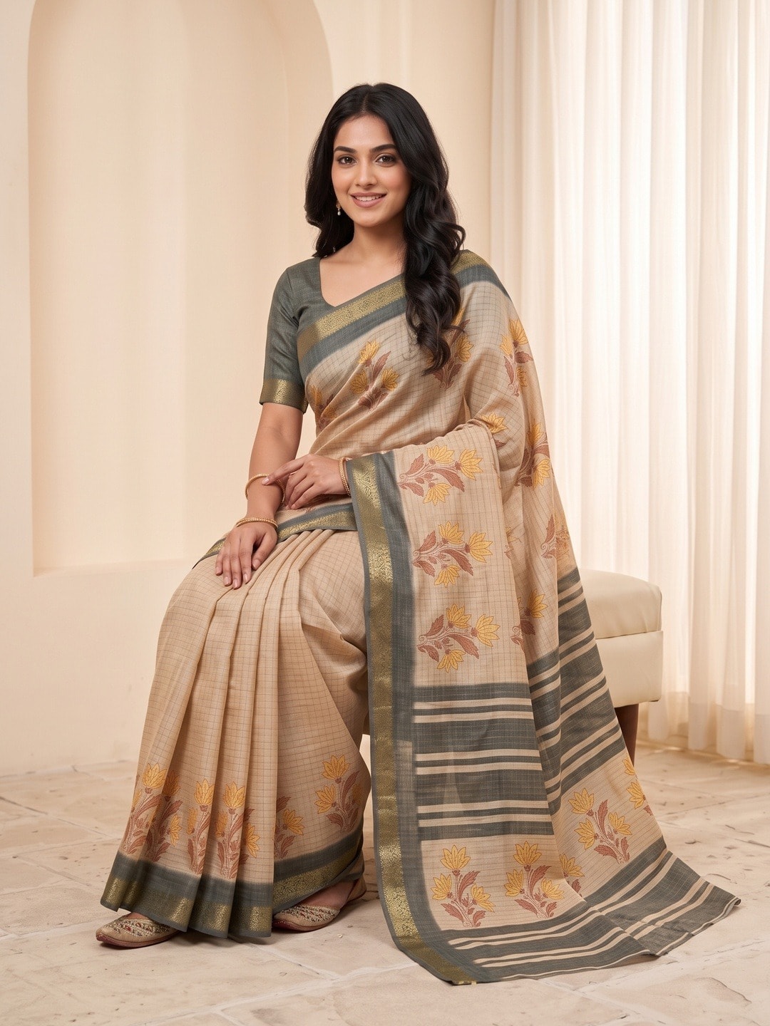 Peachmode Beige Moss Silk Digital Printed Saree With Zari Weave Border - Image 5