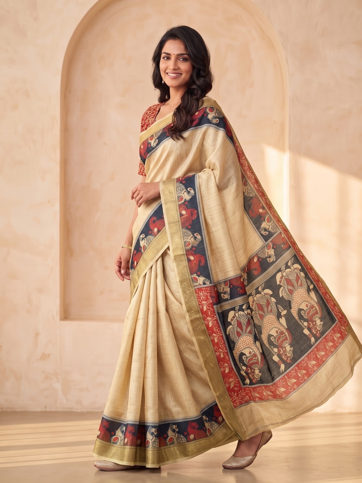 Peachmode Cream Dola Silk Digital Printed Saree With Zari Weave Border - Image 2