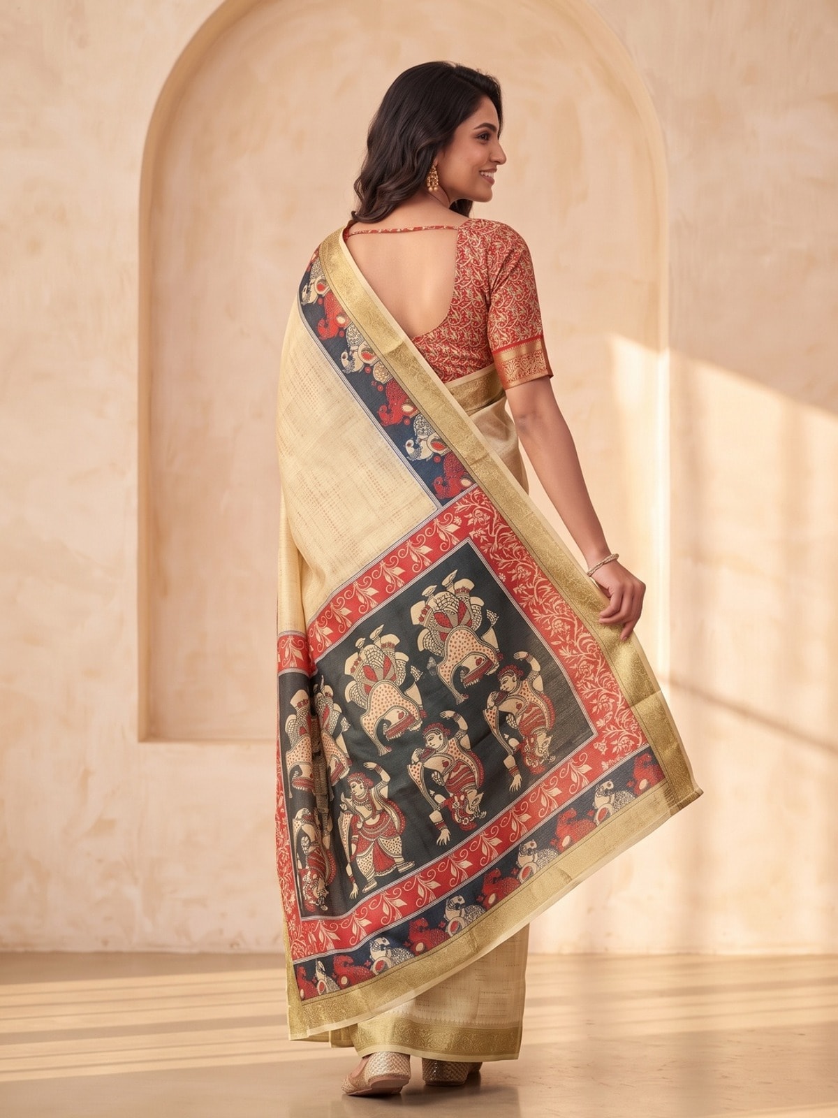 Peachmode Cream Dola Silk Digital Printed Saree With Zari Weave Border - Image 4