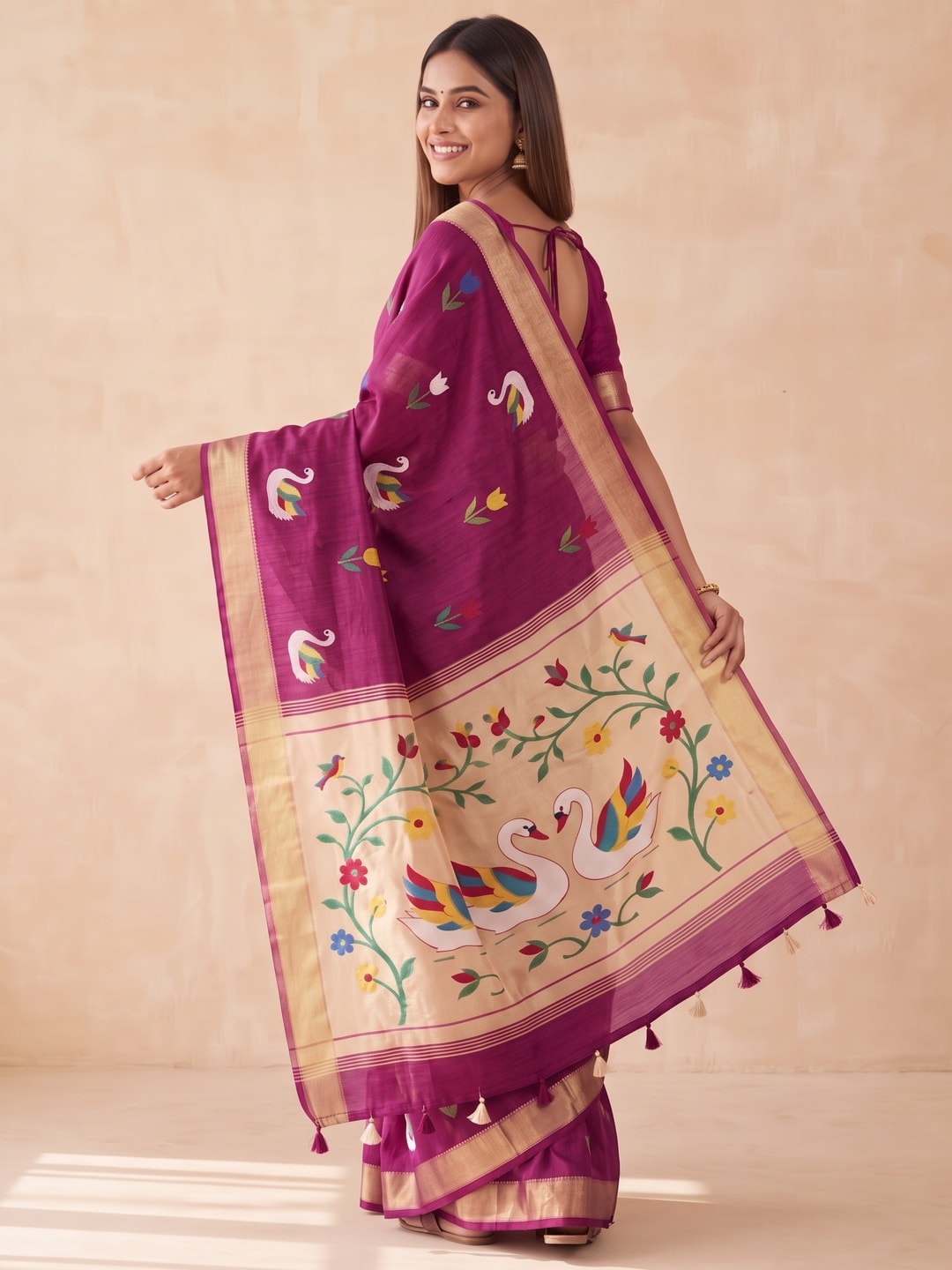 Peachmode Magenta Jamdani Swan Butta Cotton Saree With Tissue Pallu And Zari Border - Image 4