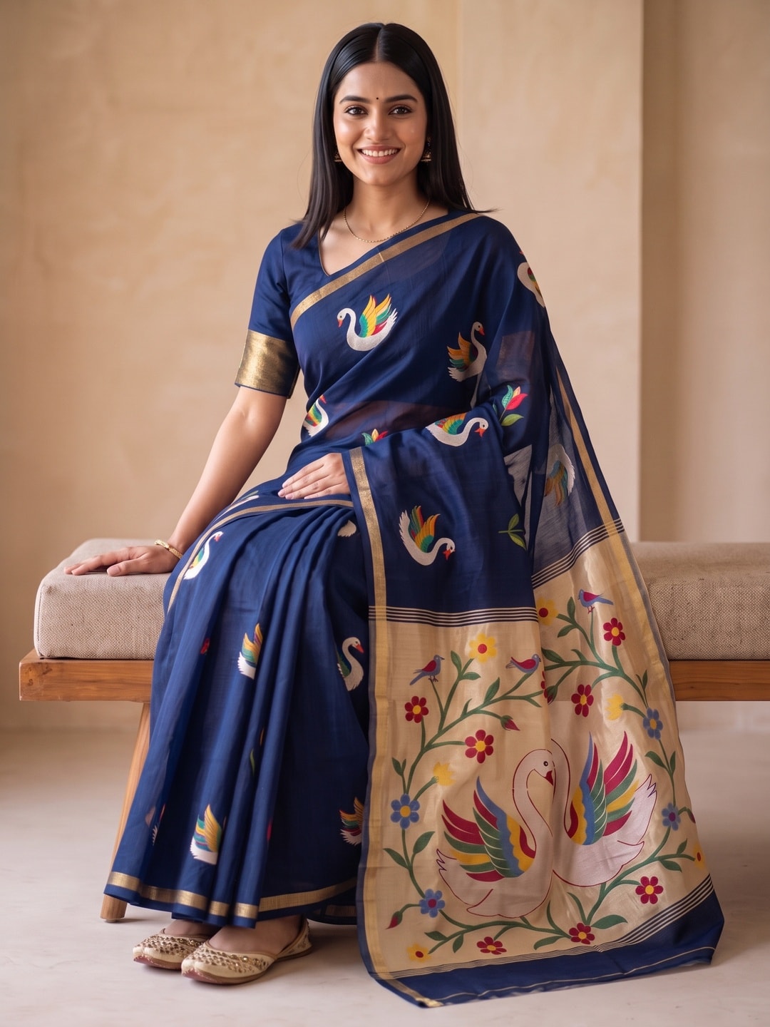 Peachmode Navy Blue Jamdani Swan Butta Cotton Saree With Tissue Pallu And Zari Border - Image 2