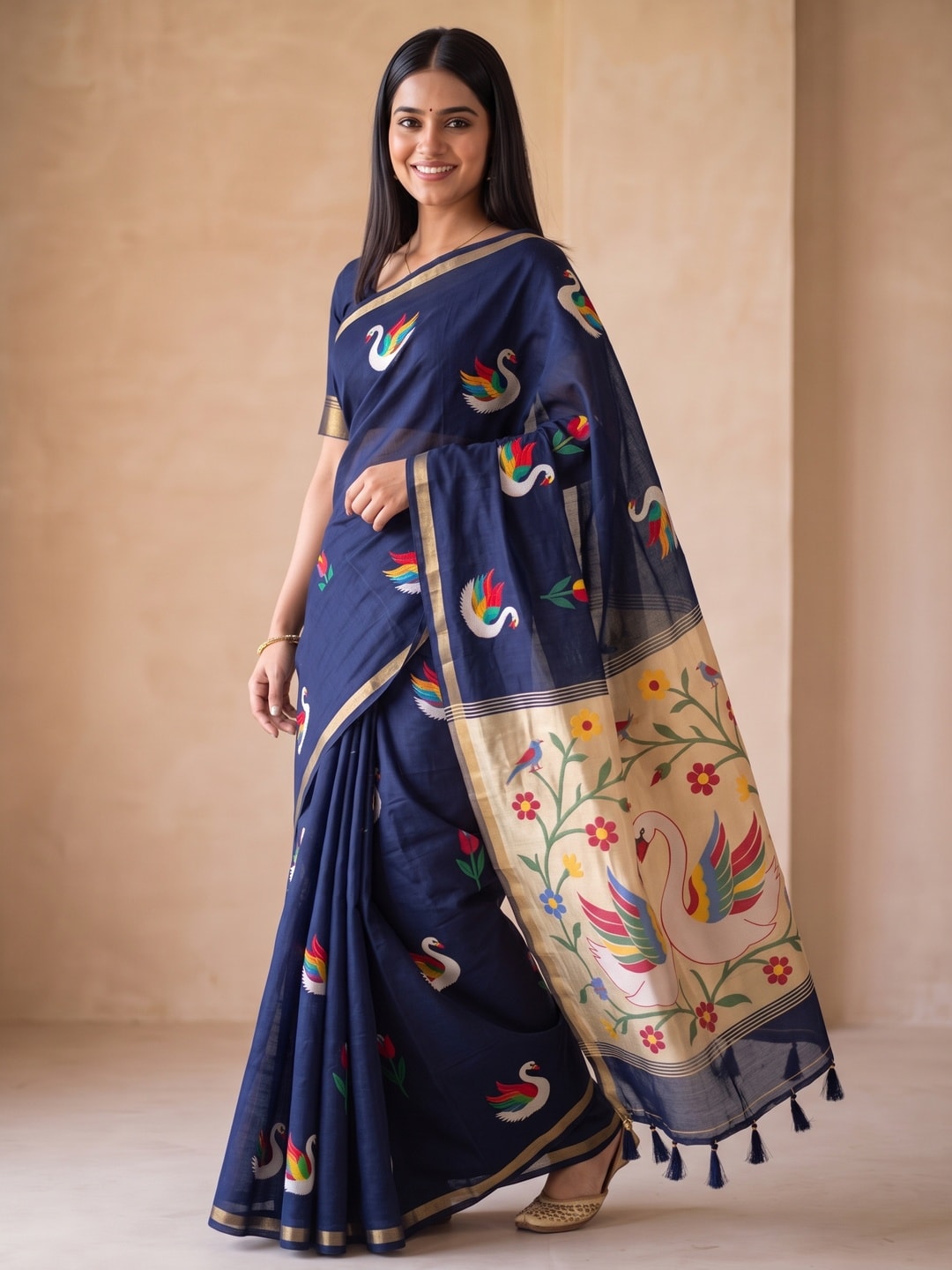 Peachmode Navy Blue Jamdani Swan Butta Cotton Saree With Tissue Pallu And Zari Border - Image 3