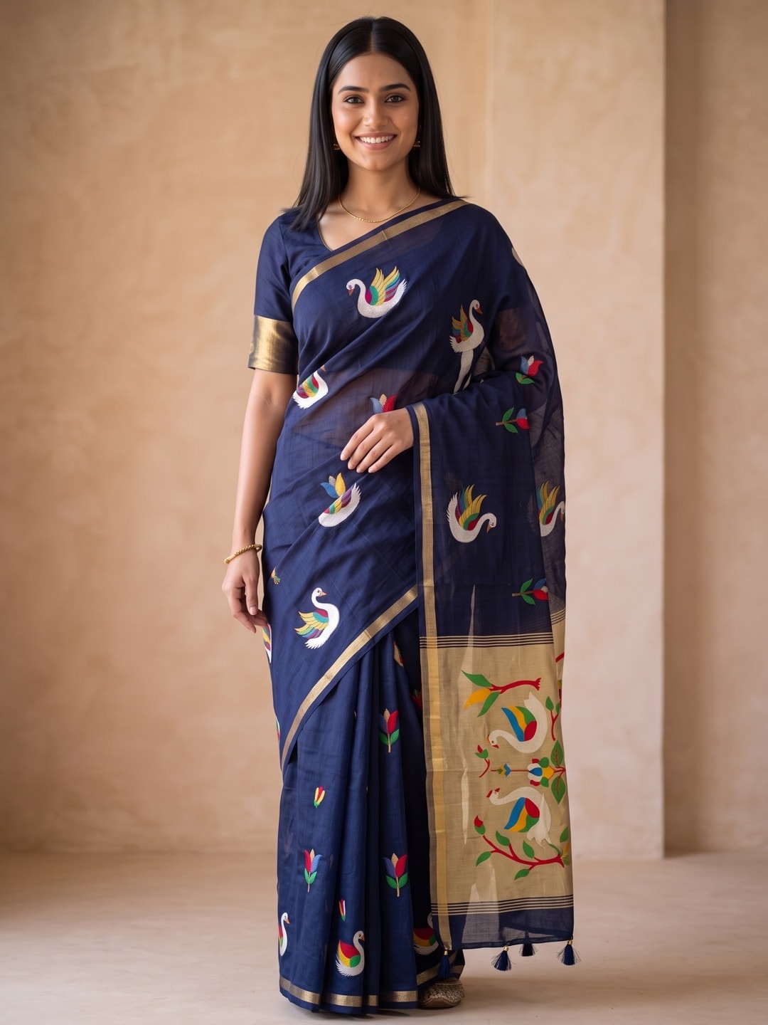 Peachmode Navy Blue Jamdani Swan Butta Cotton Saree With Tissue Pallu And Zari Border - Image 5