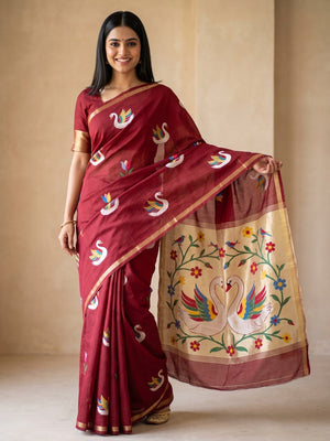 Peachmode Maroon Jamdani Swan Butta Cotton Saree With Tissue Pallu And Zari Border - Image 1