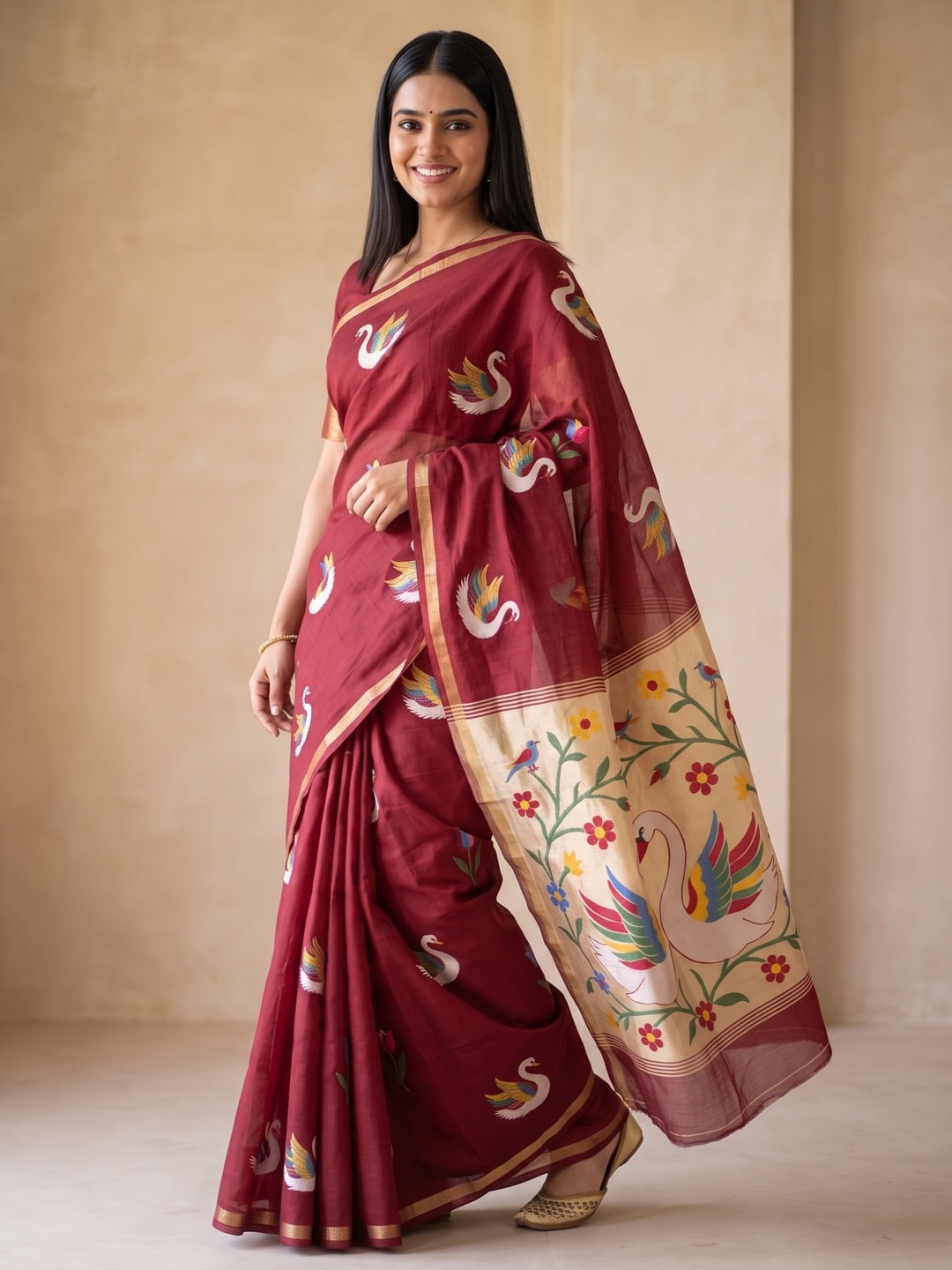 Peachmode Maroon Jamdani Swan Butta Cotton Saree With Tissue Pallu And Zari Border - Image 3