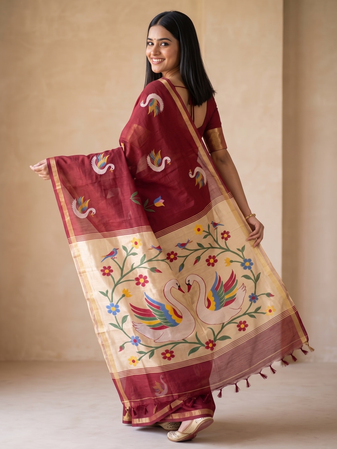 Peachmode Maroon Jamdani Swan Butta Cotton Saree With Tissue Pallu And Zari Border - Image 4