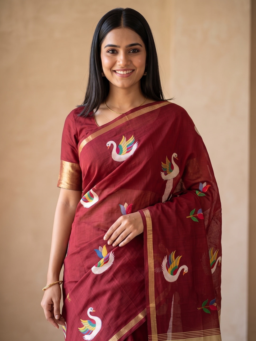 Peachmode Maroon Jamdani Swan Butta Cotton Saree With Tissue Pallu And Zari Border - Image 5