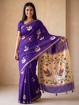 Peachmode Purple Jamdani Swan Butta Cotton Saree With Tissue Pallu And Zari Border - Image 1
